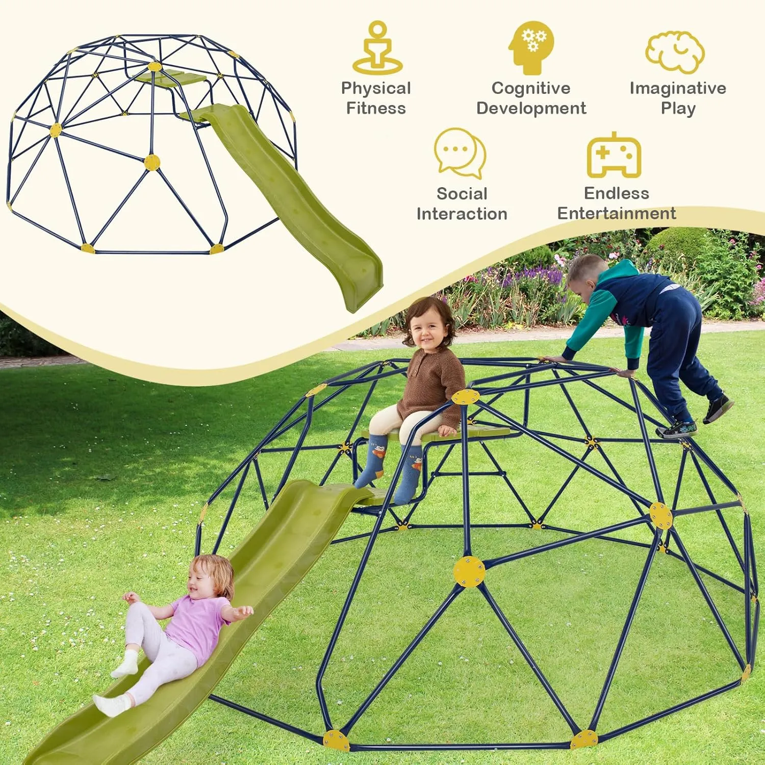 HONEY JOY Climbing Dome with Wave Slide, 13.3 FT Jungle Gym Monkey Bar for Backyard, Outdoor Climbing Toys for Toddlers Playground Equipment, Geometric Dome Climber for Boys Girls Age 3-8, Gift