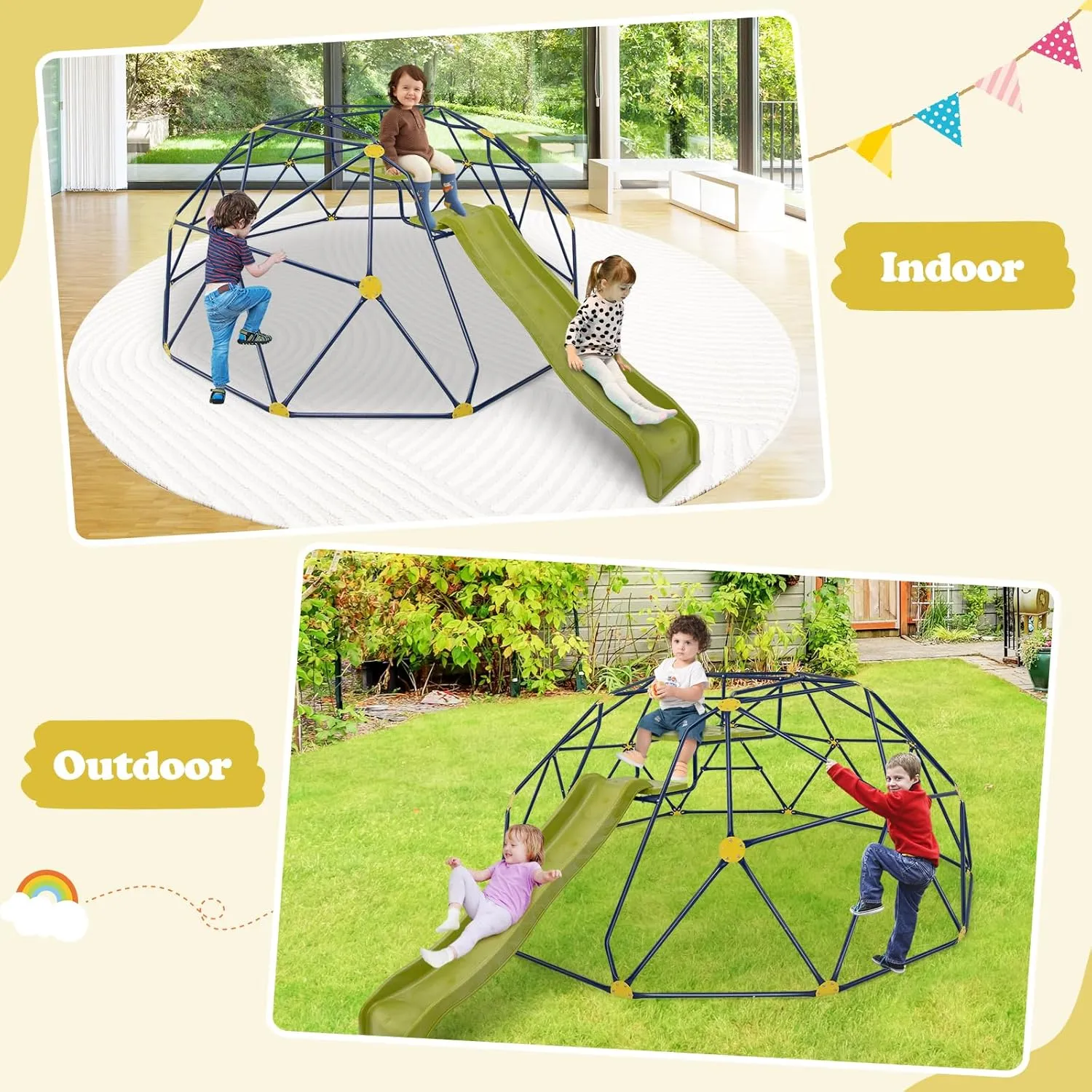 HONEY JOY Climbing Dome with Wave Slide, 13.3 FT Jungle Gym Monkey Bar for Backyard, Outdoor Climbing Toys for Toddlers Playground Equipment, Geometric Dome Climber for Boys Girls Age 3-8, Gift