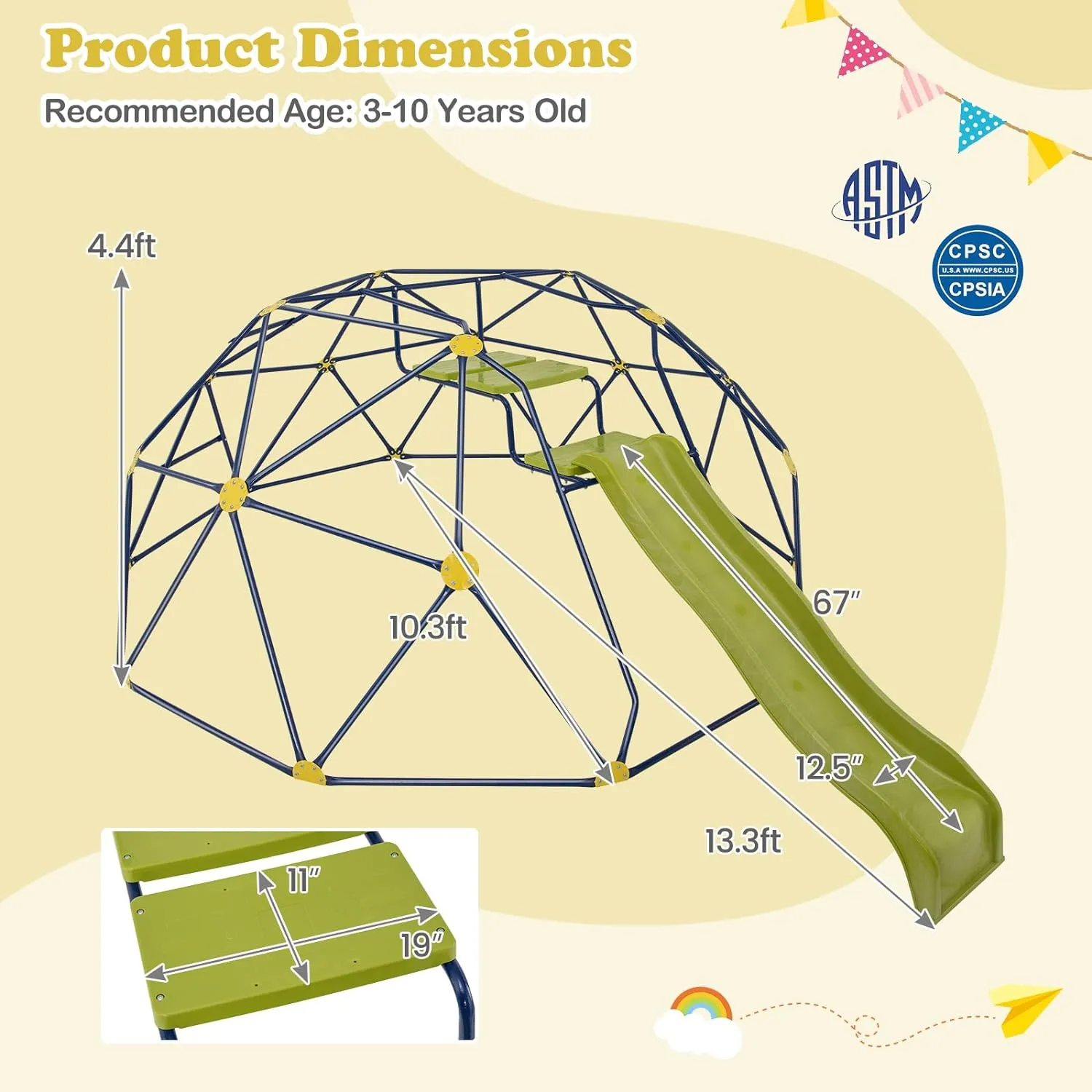 HONEY JOY Climbing Dome with Wave Slide, 13.3 FT Jungle Gym Monkey Bar for Backyard, Outdoor Climbing Toys for Toddlers Playground Equipment, Geometric Dome Climber for Boys Girls Age 3-8, Gift