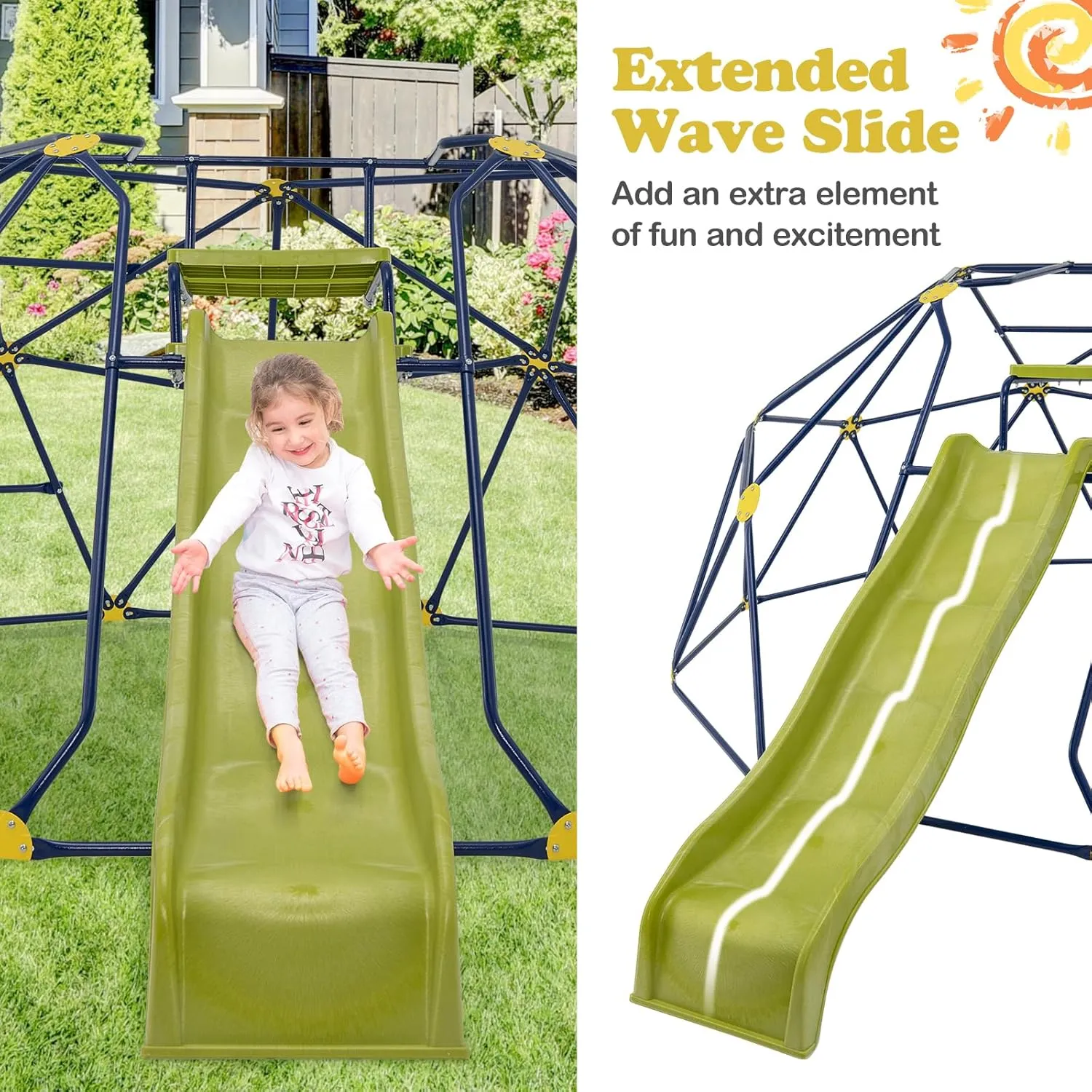 HONEY JOY Climbing Dome with Wave Slide, 13.3 FT Jungle Gym Monkey Bar for Backyard, Outdoor Climbing Toys for Toddlers Playground Equipment, Geometric Dome Climber for Boys Girls Age 3-8, Gift