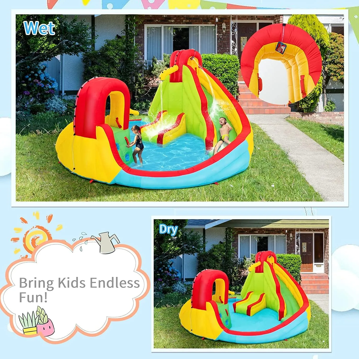 HONEY JOY Inflatable Water Slide, 7 in 1 Bouncy Inflatable Water Park w/Two Slides, Climbing Wall & Splash Pool, Hose, Water Cannons, Indoor Outdoor Blow Up Waterslides for Backyard