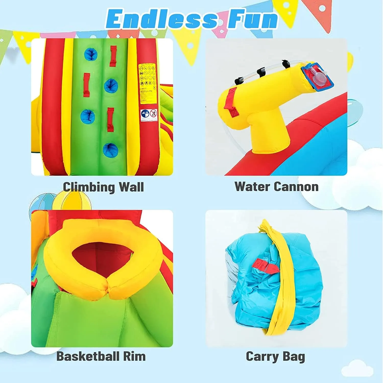 HONEY JOY Inflatable Water Slide, 7 in 1 Bouncy Inflatable Water Park w/Two Slides, Climbing Wall & Splash Pool, Hose, Water Cannons, Indoor Outdoor Blow Up Waterslides for Backyard