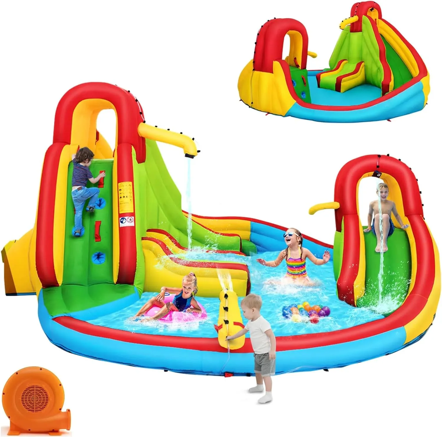 HONEY JOY Inflatable Water Slide, 7 in 1 Bouncy Inflatable Water Park w/Two Slides, Climbing Wall & Splash Pool, Hose, Water Cannons, Indoor Outdoor Blow Up Waterslides for Backyard