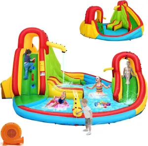 HONEY JOY Inflatable Water Slide, 7 in 1 Bouncy Inflatable Water Park w/Two Slides, Climbing Wall & Splash Pool, Hose, Water Cannons, Indoor Outdoor Blow Up Waterslides for Backyard