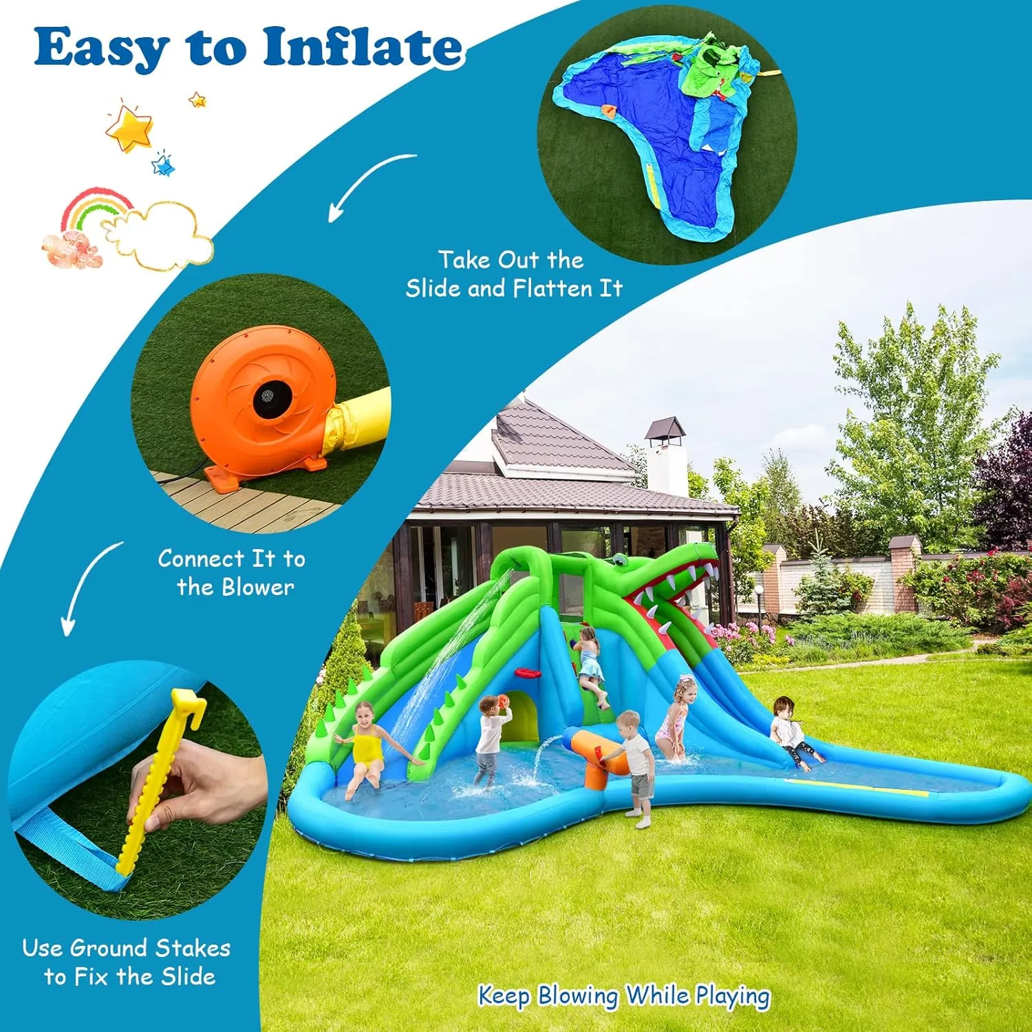 HONEY JOY Inflatable Water Slides for Kids, 7 in 1 Crocodile Splash n Slide Water Castle w/Climb Wall &Long Slide, Crawl Tunnel&Splash Pool, Outdoor Blow Up Water Park for Backyard(with 780w Blower)