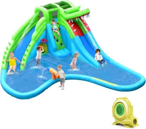 HONEY JOY Inflatable Water Slides for Kids, 7 in 1 Crocodile Splash n Slide Water Castle w/Climb Wall &Long Slide, Crawl Tunnel&Splash Pool, Outdoor Blow Up Water Park for Backyard(with 780w Blower)