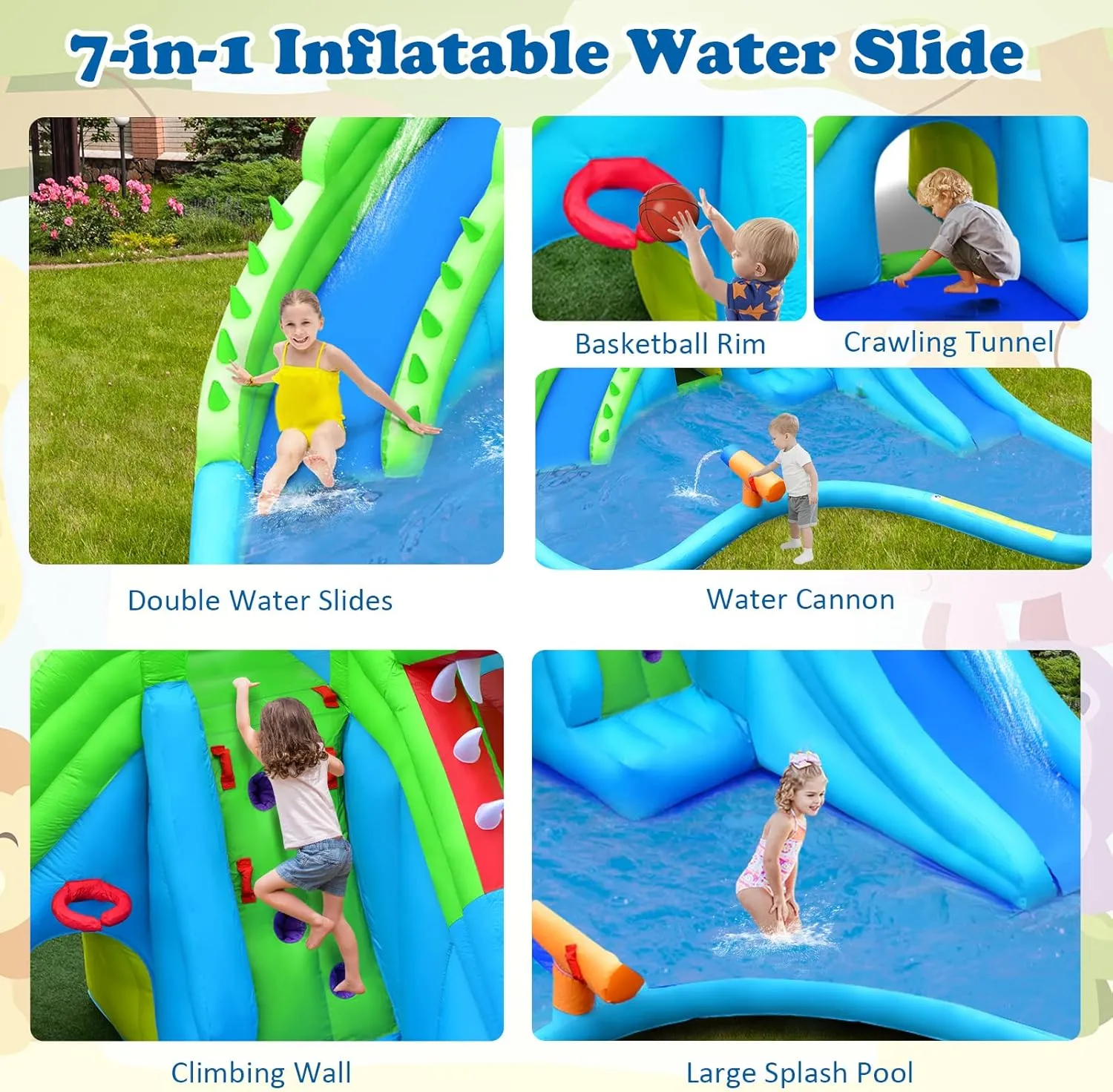HONEY JOY Inflatable Water Slides for Kids, 7 in 1 Crocodile Splash n Slide Water Castle w/Climb Wall &Long Slide, Crawl Tunnel&Splash Pool, Outdoor Blow Up Water Park for Backyard(with 780w Blower)
