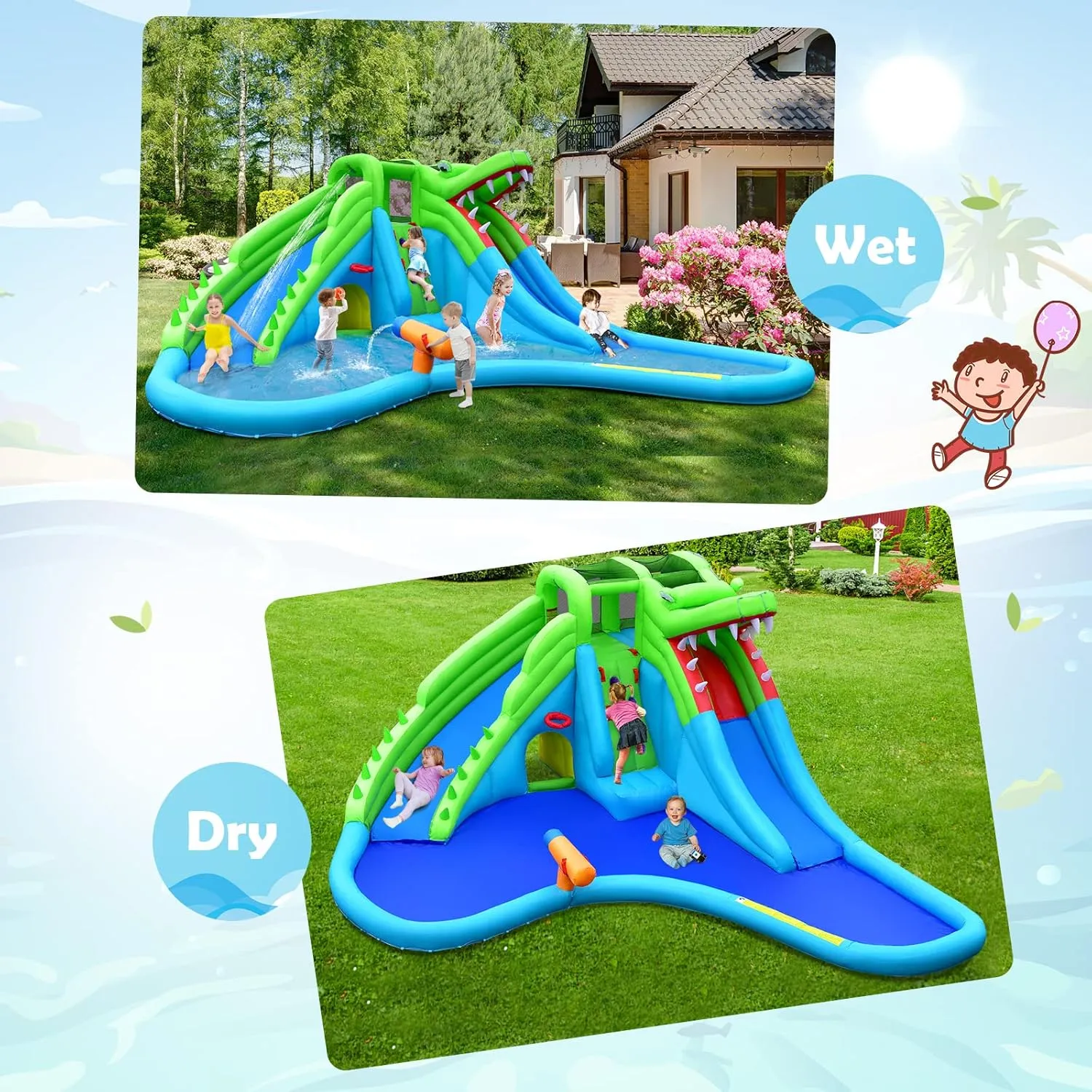 HONEY JOY Inflatable Water Slides for Kids, 7 in 1 Crocodile Splash n Slide Water Castle w/Climb Wall &Long Slide, Crawl Tunnel&Splash Pool, Outdoor Blow Up Water Park for Backyard(with 780w Blower)