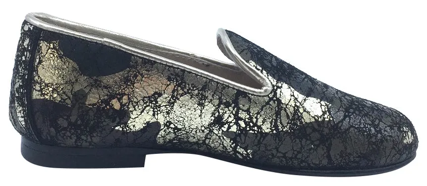 Hoo Shoes Smoking Loafer, Black/Gold Marble Leather
