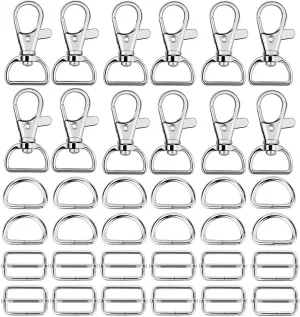 Hysagtek 60 Pcs Purse Hardware for Bag Making - Swivel Snap Hooks, D Ring, Slide Buckle, Bag Hardware Supplies for Handbag Fasteners, Strap, Backpack DIY Craft Accessories, 1 Inch, Silver