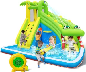 Inflatable Water Slide：5 in 1 Crocodile Bounce House Water Park for Kids - Climbing Wall Splash Pool Water Cannon Basketball Rim - 480W Blower - for Indoor Outdoor Backyard Birthday Party