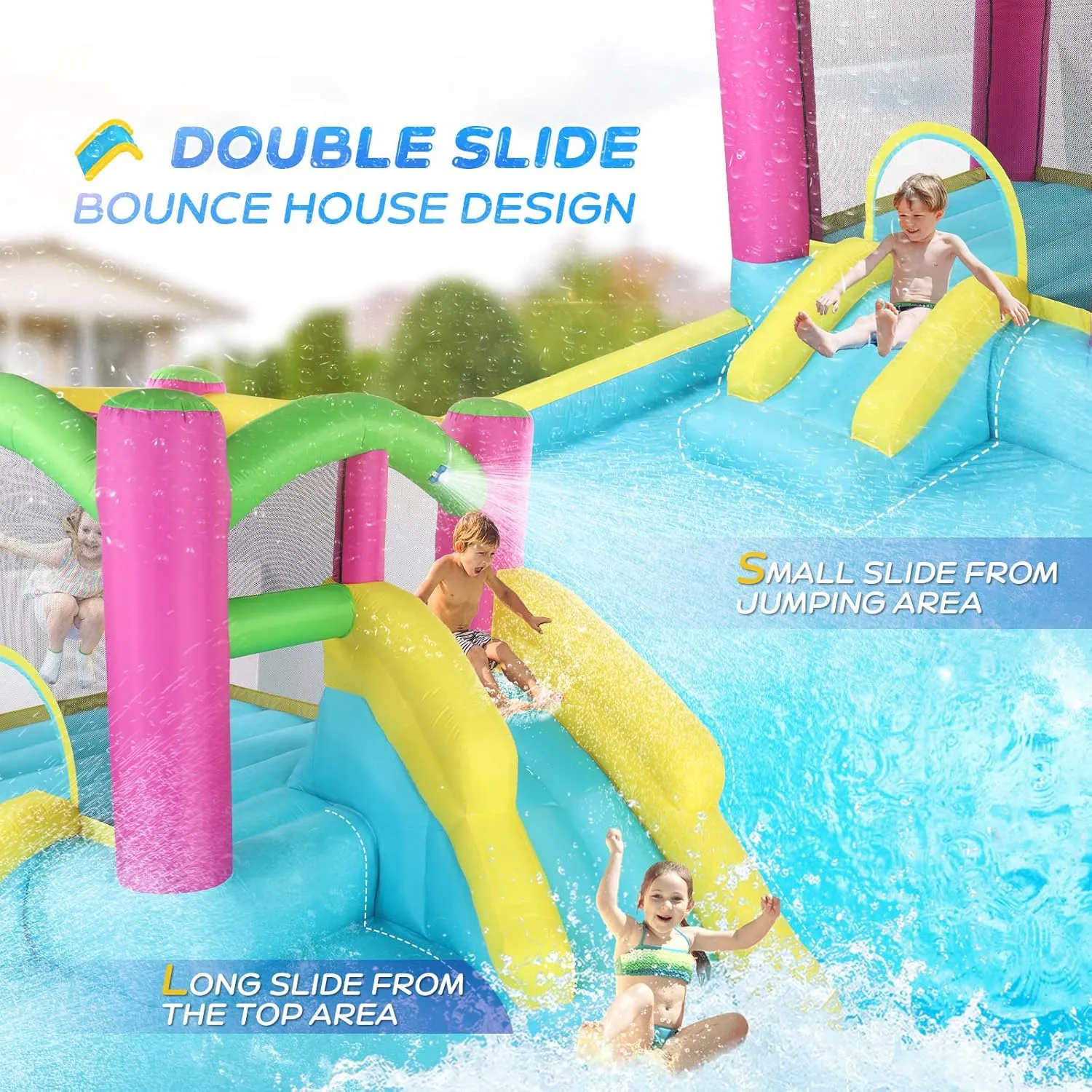 JOYMOR Inflatable Bounce House with Double Water Slide for Kids Toddler Age 3-10, Splash Pool Water Cannons, Ring-Toss Games for Outdoor Backyard Fun Water Toys, Indoor Bouncy Castle with Air Blower