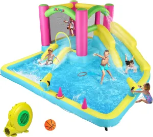 JOYMOR Inflatable Bounce House with Double Water Slide for Kids Toddler Age 3-10, Splash Pool Water Cannons, Ring-Toss Games for Outdoor Backyard Fun Water Toys, Indoor Bouncy Castle with Air Blower