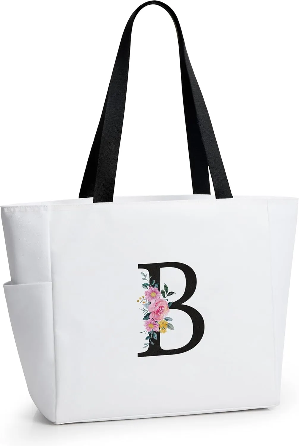 KALIDI Personalized Beach Tote Bag, Initial Alphabet Gift Zipper Grocery Bag for Mom Teacher Friend Wedding Daily Shopping