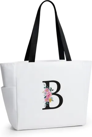 KALIDI Personalized Beach Tote Bag, Initial Alphabet Gift Zipper Grocery Bag for Mom Teacher Friend Wedding Daily Shopping