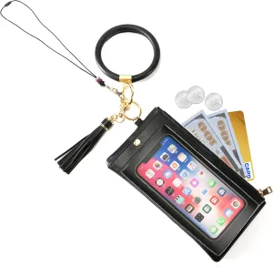 Keychain Credit Card Bracelet Pouch With Transparent Window Tassel Silicone Beads Lanyard For Womens (Black)