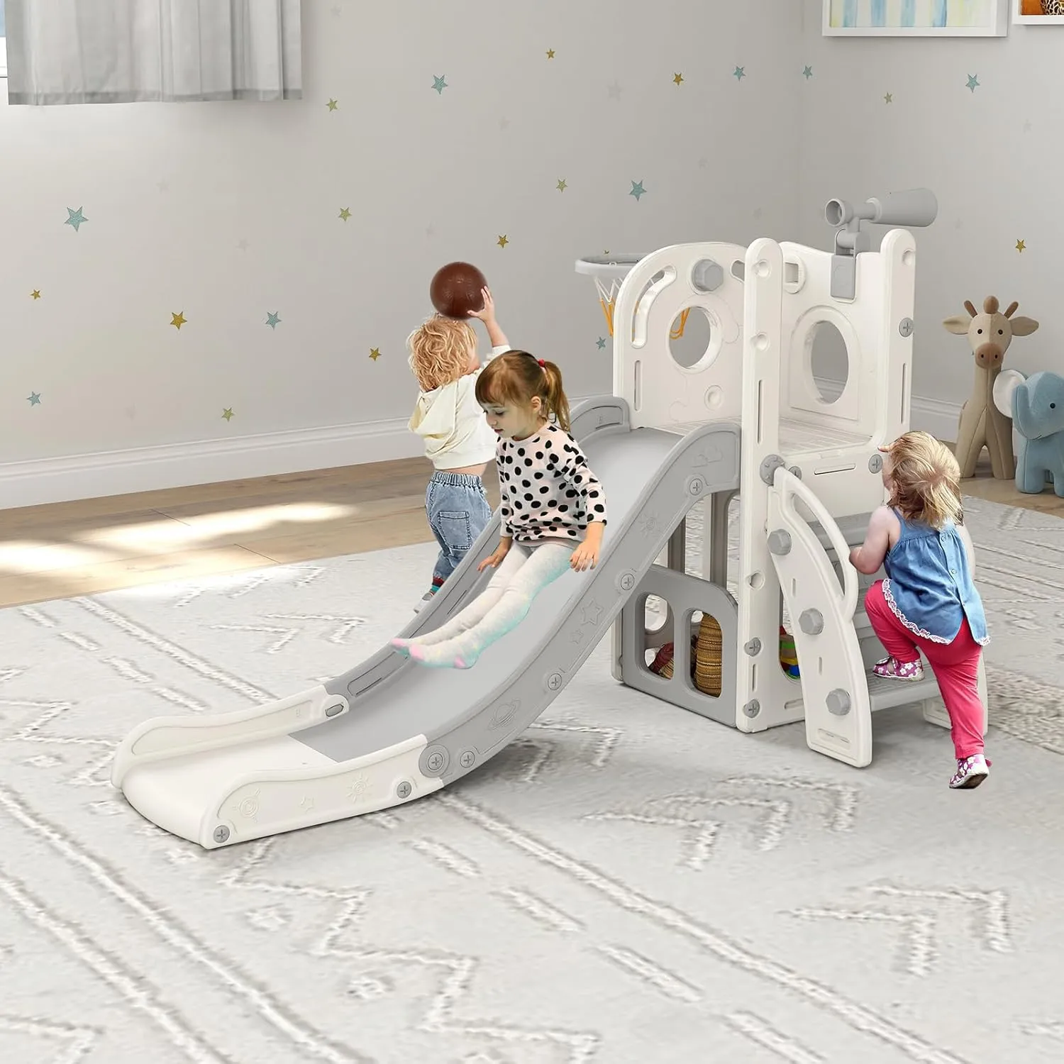 Kinfant 6 in 1 Toddler Slide for Toddlers for Toddlers, Toddler Outdoor Playground, Kids Slide with Basketball Hoop, Telescope and Storage, Baby Indoor Outdoor Climber Playset(White & Gray)