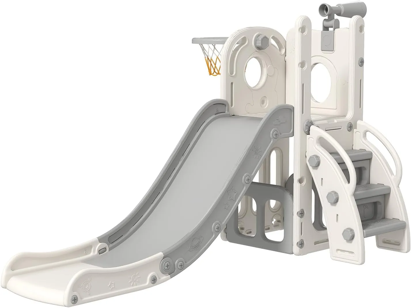Kinfant 6 in 1 Toddler Slide for Toddlers for Toddlers, Toddler Outdoor Playground, Kids Slide with Basketball Hoop, Telescope and Storage, Baby Indoor Outdoor Climber Playset(White & Gray)