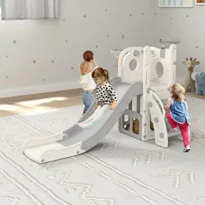 Kinfant 6 in 1 Toddler Slide for Toddlers for Toddlers, Toddler Outdoor Playground, Kids Slide with Basketball Hoop, Telescope and Storage, Baby Indoor Outdoor Climber Playset(White & Gray)