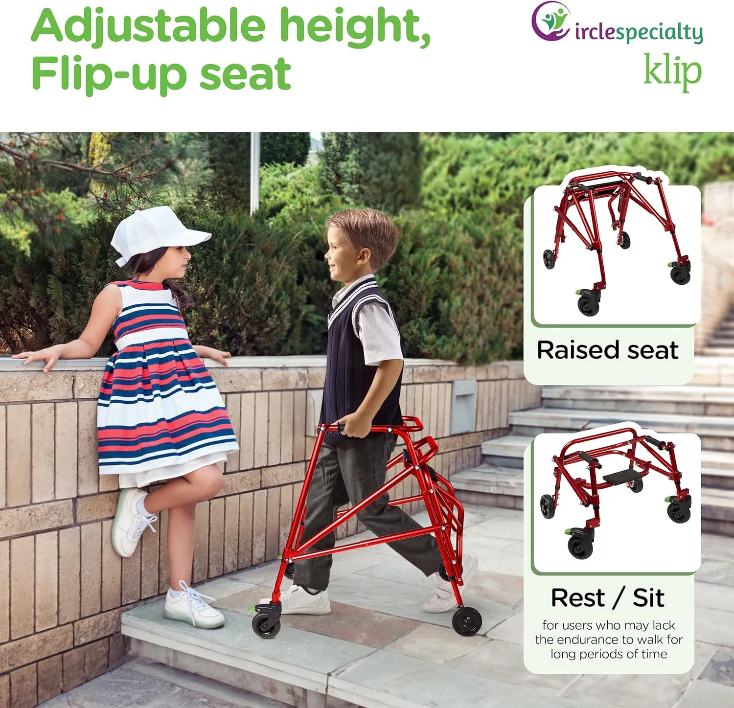 Klip- Lightweight Posterior Rollator Walker/Gait Trainer 4 Wheel - with Flip-Up Seat for Toddlers, Kids, Teens with Special Needs/Cerebral Palsy-Front Swivel Wheels, Height Adjustable, Foldable