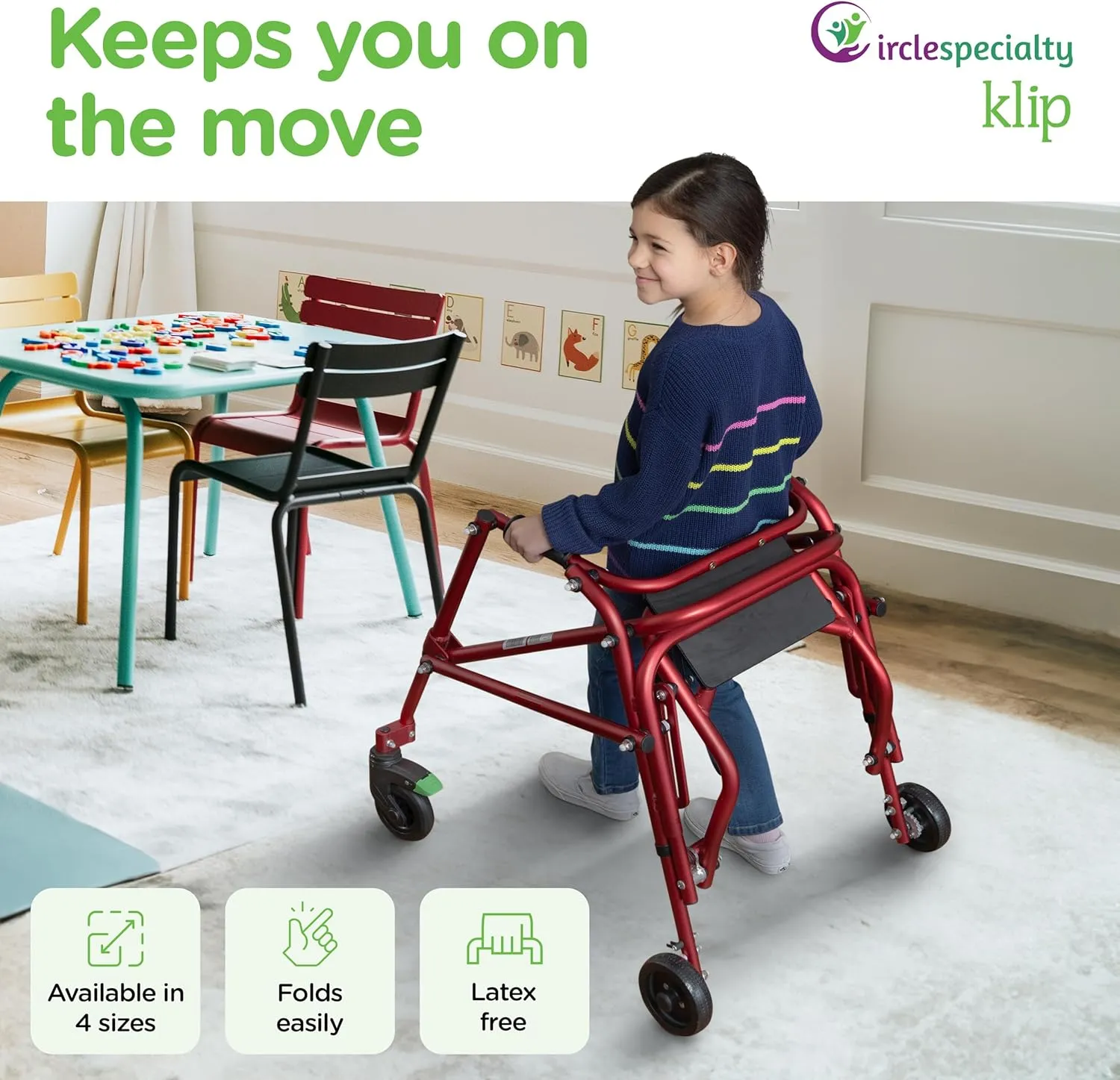 Klip- Lightweight Posterior Rollator Walker/Gait Trainer 4 Wheel - with Flip-Up Seat for Toddlers, Kids, Teens with Special Needs/Cerebral Palsy-Front Swivel Wheels, Height Adjustable, Foldable