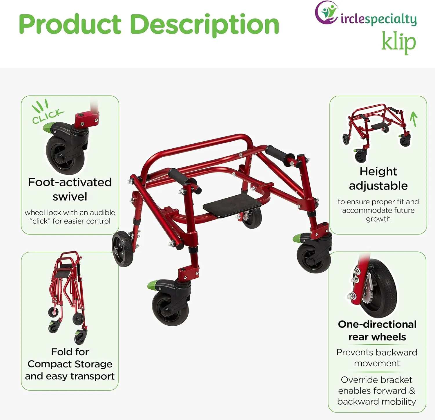 Klip- Lightweight Posterior Rollator Walker/Gait Trainer 4 Wheel - with Flip-Up Seat for Toddlers, Kids, Teens with Special Needs/Cerebral Palsy-Front Swivel Wheels, Height Adjustable, Foldable