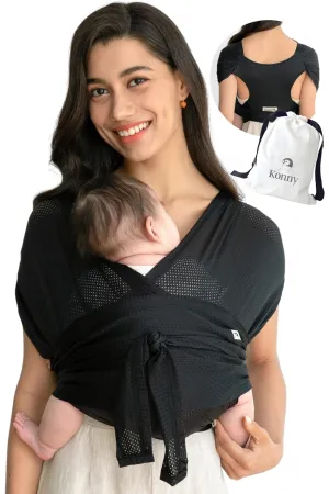 Konny Original Baby Carrier AirMesh for Cozy Luxury Baby Carrier Wrap, Easy to Wear Baby Wrap Carrier, Perfect Essentials Cloths for Newborn Babies up to 44 lbs, (Black, XS)