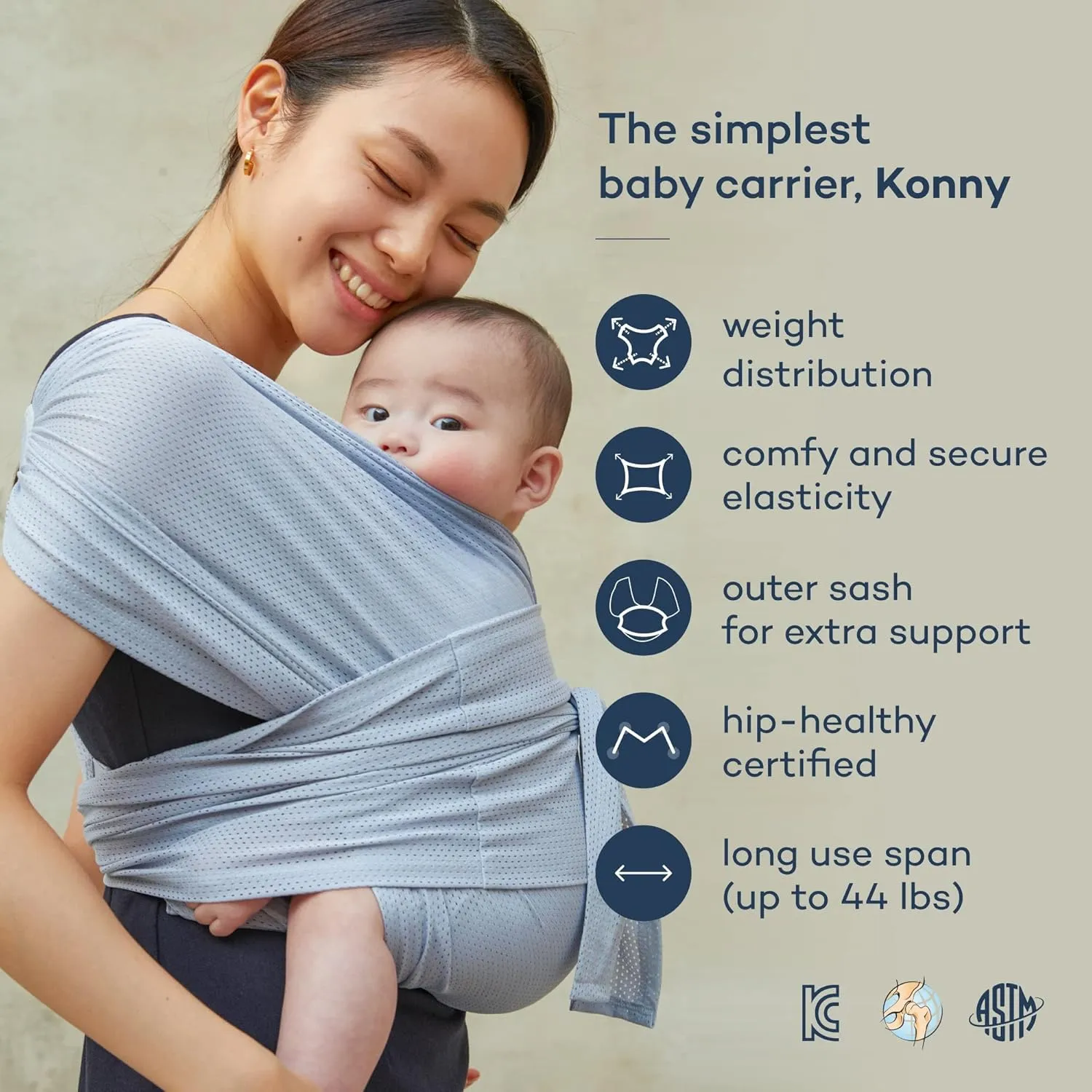 Konny Original Baby Carrier AirMesh for Cozy Luxury Baby Carrier Wrap, Easy to Wear Baby Wrap Carrier, Perfect Essentials Cloths for Newborn Babies up to 44 lbs, (Cream, L)