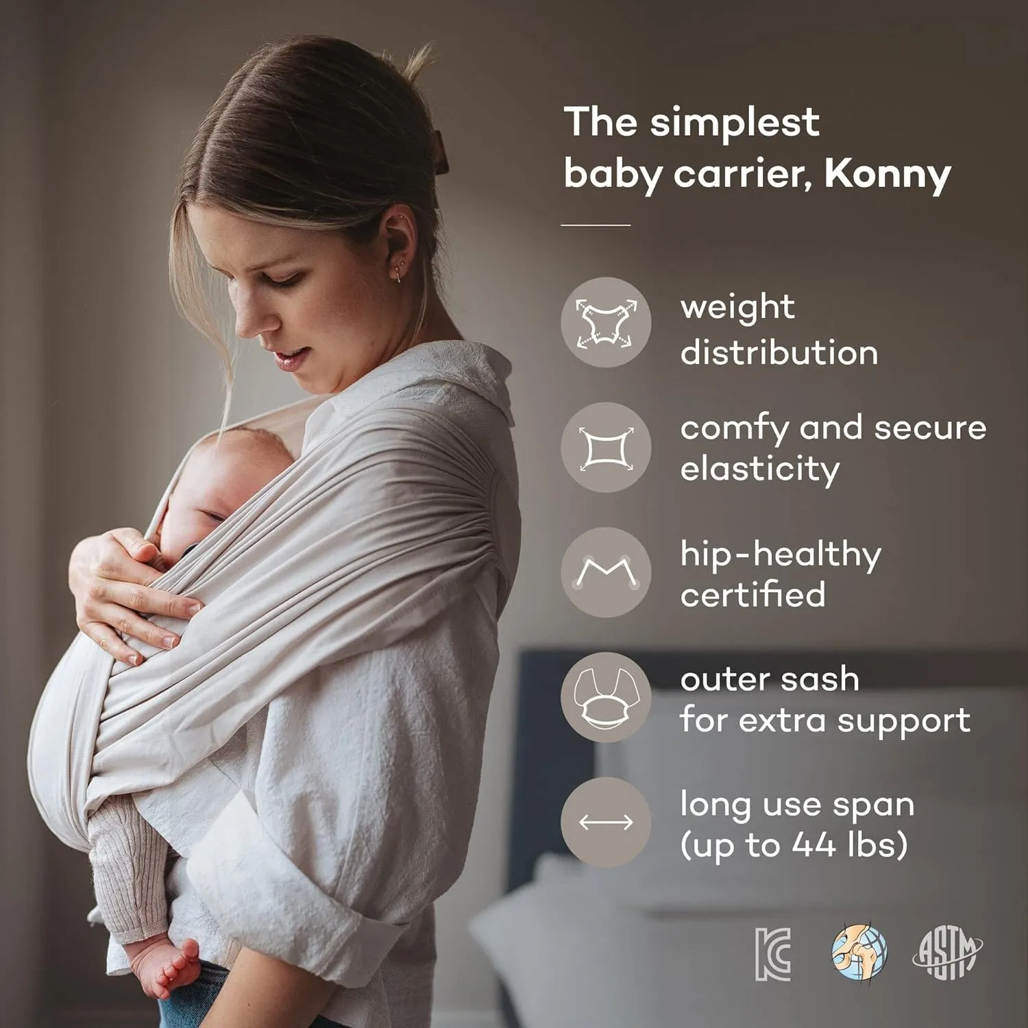 Konny Original Baby Carrier SoftBreeze Luxury Carrier Wrap, Easy to Wear Baby Wrap Carrier, Perfect Essentials Cloths for Newborn Babies up to 44 lbs, (Beige, 2XS)