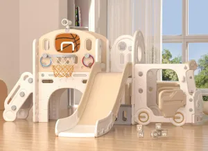 KORIMEFA 10 in 1 Toddler Slide, Kid Slide for Toddlers Age 1-3 with Ring Toss, Basketball Hoop and Bus Play House, Indoor Outdoor Playset Toddler Playground - Coffee