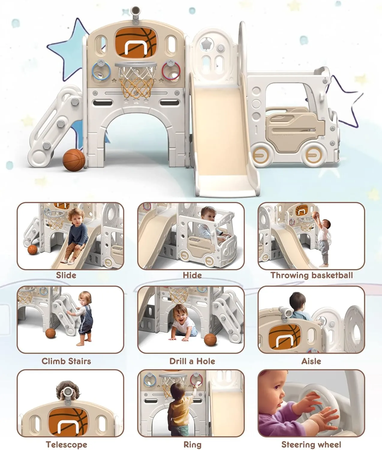 KORIMEFA 10 in 1 Toddler Slide, Kid Slide for Toddlers Age 1-3 with Ring Toss, Basketball Hoop and Bus Play House, Indoor Outdoor Playset Toddler Playground - Coffee