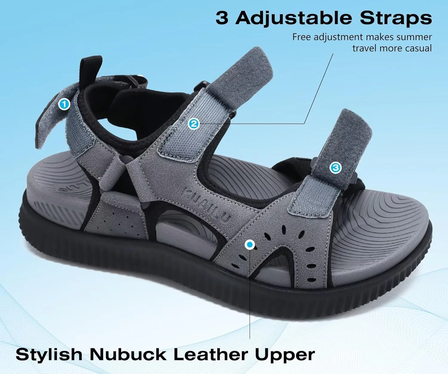 KuaiLu Mens Hiking Sandals With Arch Support Sport Recovery Athletic Walking Sandals For Man Outdoor Summer Casual Thick Cushion Beach Water Fisherman Sandal Size 7-15
