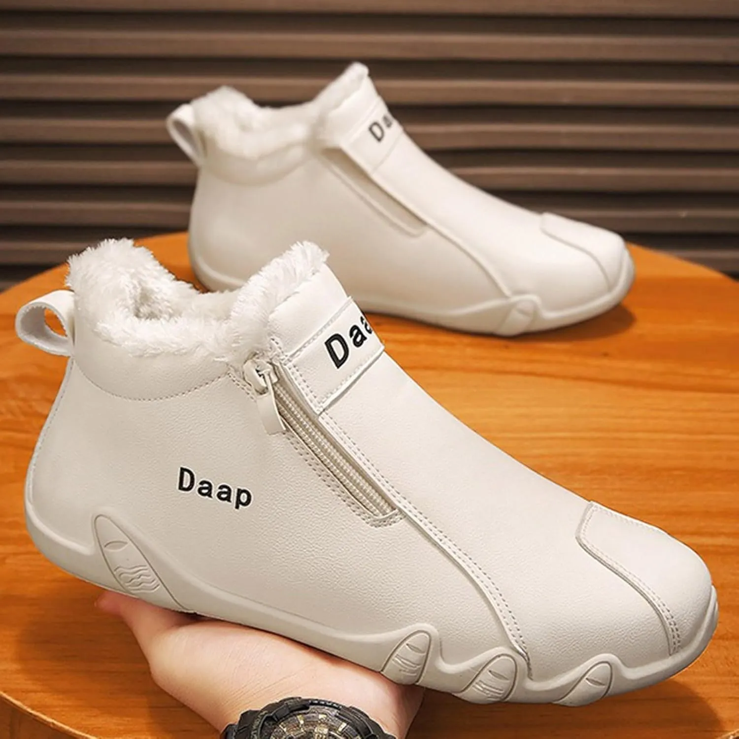Leather Furry Boots for Men Fleece Lined Warm Winter Boots Water Proof Insulated Boots Soft Flat Hiking Boots and Shoes