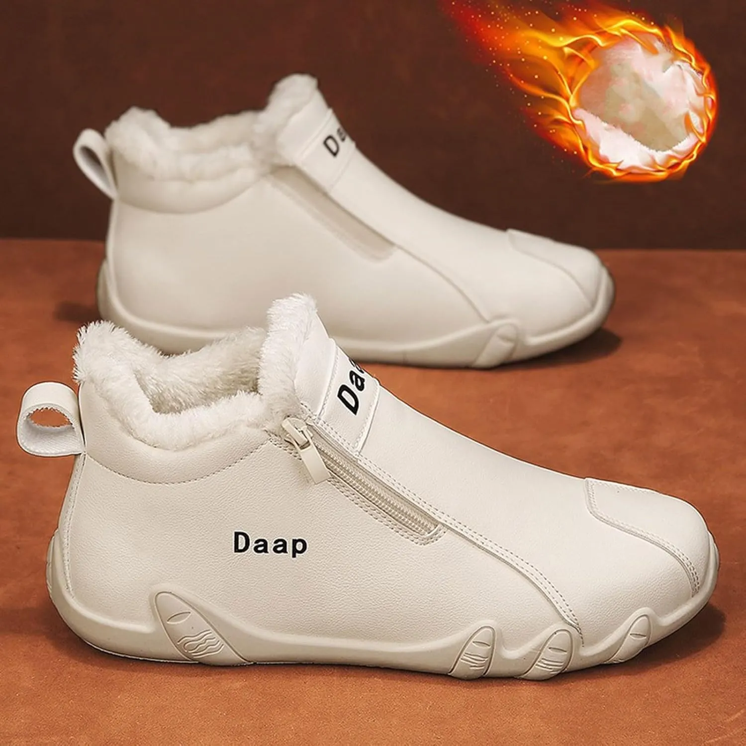 Leather Furry Boots for Men Fleece Lined Warm Winter Boots Water Proof Insulated Boots Soft Flat Hiking Boots and Shoes