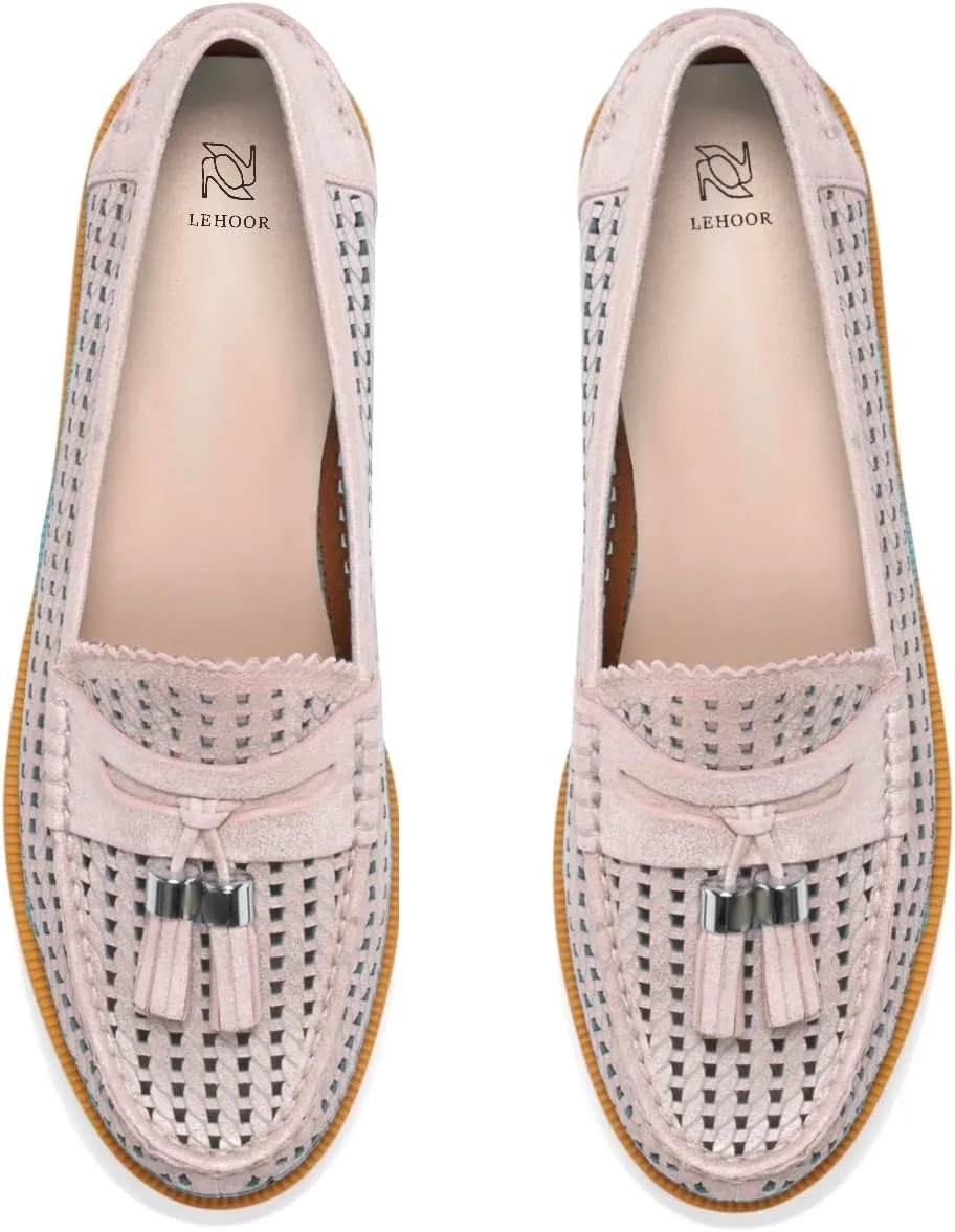 LEHOOR Women Chunky Block Heel Loafers Tassel Perforated Loafer Shoes Round Toe Slip On Dress Shoes Cut Out Retro 1 inch Flat Heel Penny Loafers Office Ladies Chic 4-11 M US