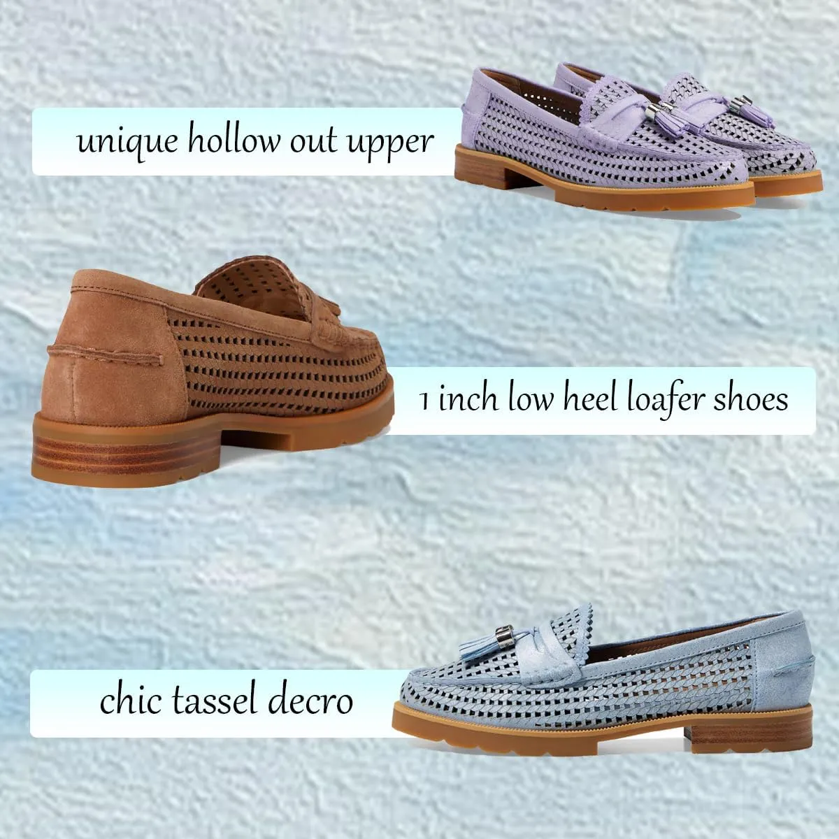 LEHOOR Women Chunky Block Heel Loafers Tassel Perforated Loafer Shoes Round Toe Slip On Dress Shoes Cut Out Retro 1 inch Flat Heel Penny Loafers Office Ladies Chic 4-11 M US
