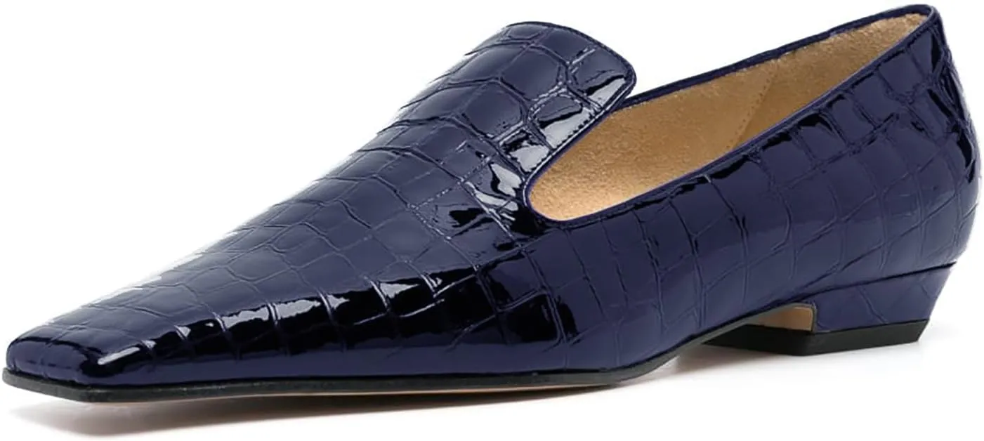 LEHOOR Women Patent Loafers Flats Square Toe Crocodile Dress Shoes Slip On 1 inch Flat Heel Loafer Shoes Crocodile Animal Print Fashion Office Work Loafers Formal Business Casual 4-11 M US