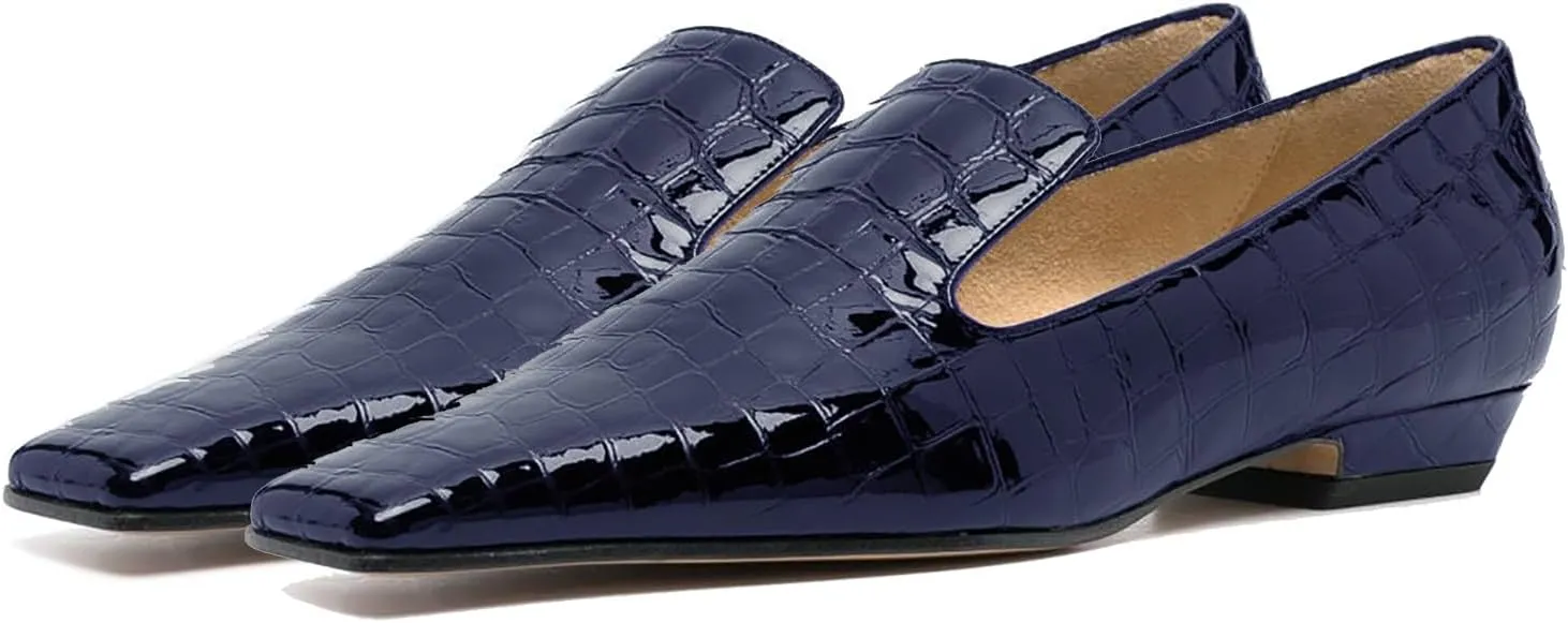 LEHOOR Women Patent Loafers Flats Square Toe Crocodile Dress Shoes Slip On 1 inch Flat Heel Loafer Shoes Crocodile Animal Print Fashion Office Work Loafers Formal Business Casual 4-11 M US