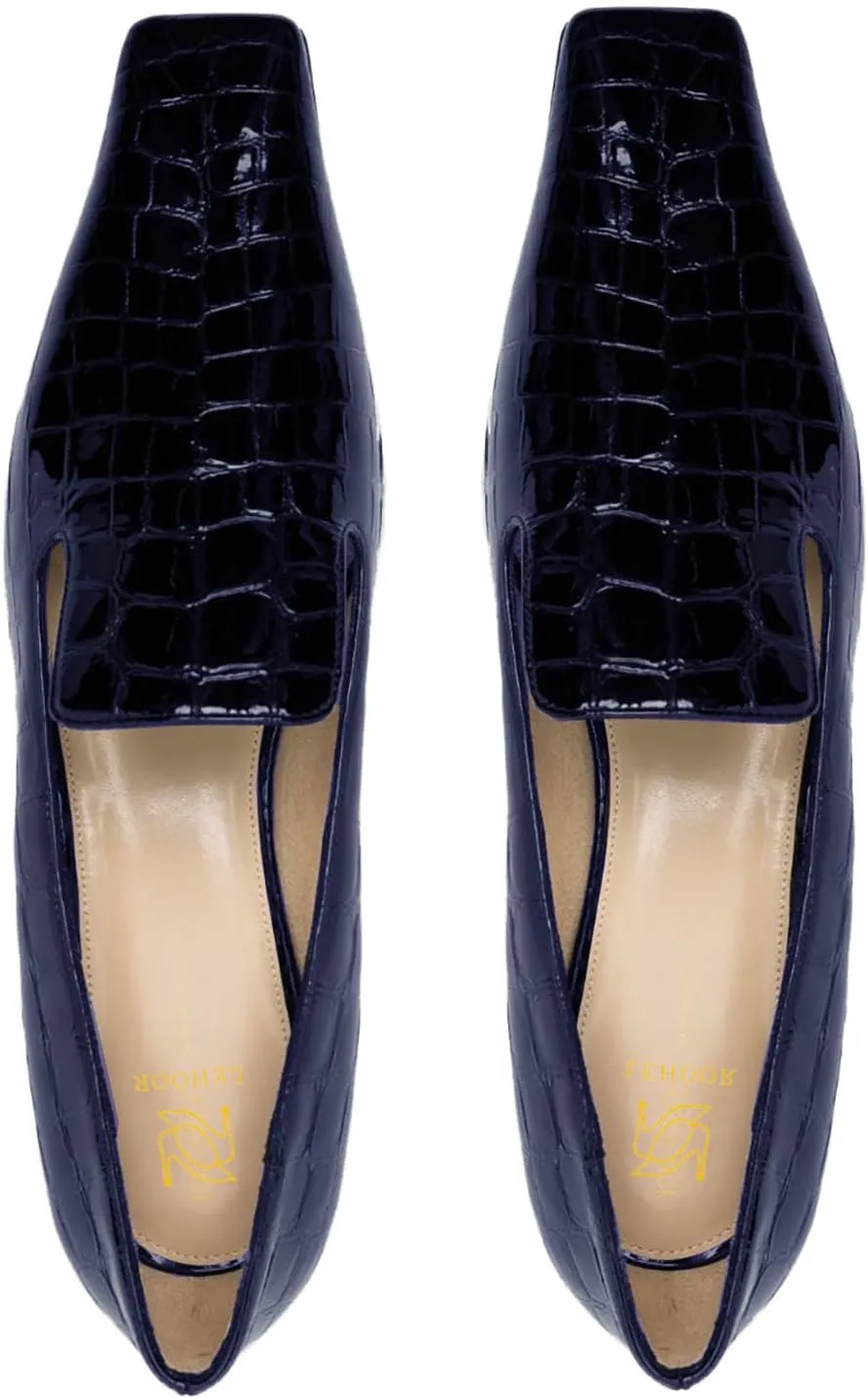 LEHOOR Women Patent Loafers Flats Square Toe Crocodile Dress Shoes Slip On 1 inch Flat Heel Loafer Shoes Crocodile Animal Print Fashion Office Work Loafers Formal Business Casual 4-11 M US