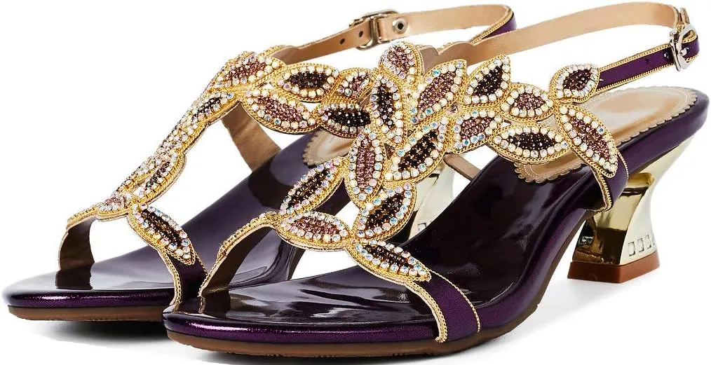 LizFoYa Women Elegant Metal Evening Heels Rhinestones Dress Sandals Chunky Mid Heels