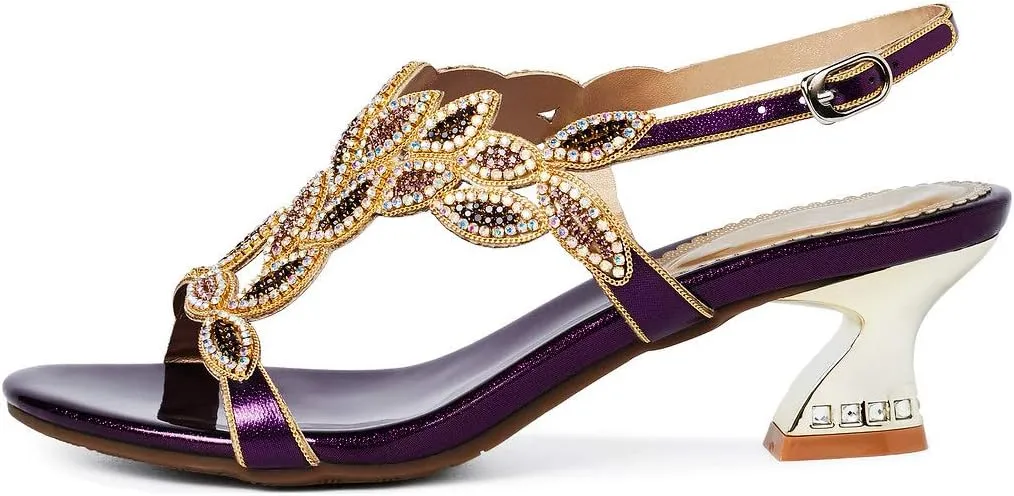 LizFoYa Women Elegant Metal Evening Heels Rhinestones Dress Sandals Chunky Mid Heels
