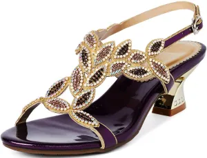 LizFoYa Women Elegant Metal Evening Heels Rhinestones Dress Sandals Chunky Mid Heels