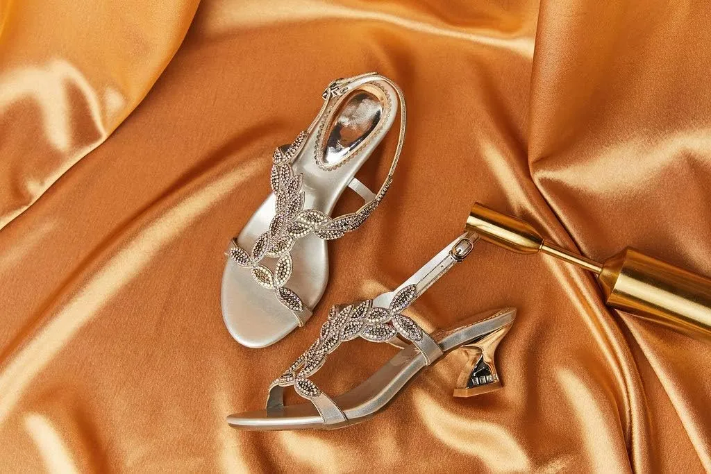 LizFoYa Women Elegant Metal Evening Heels Rhinestones Dress Sandals Chunky Mid Heels