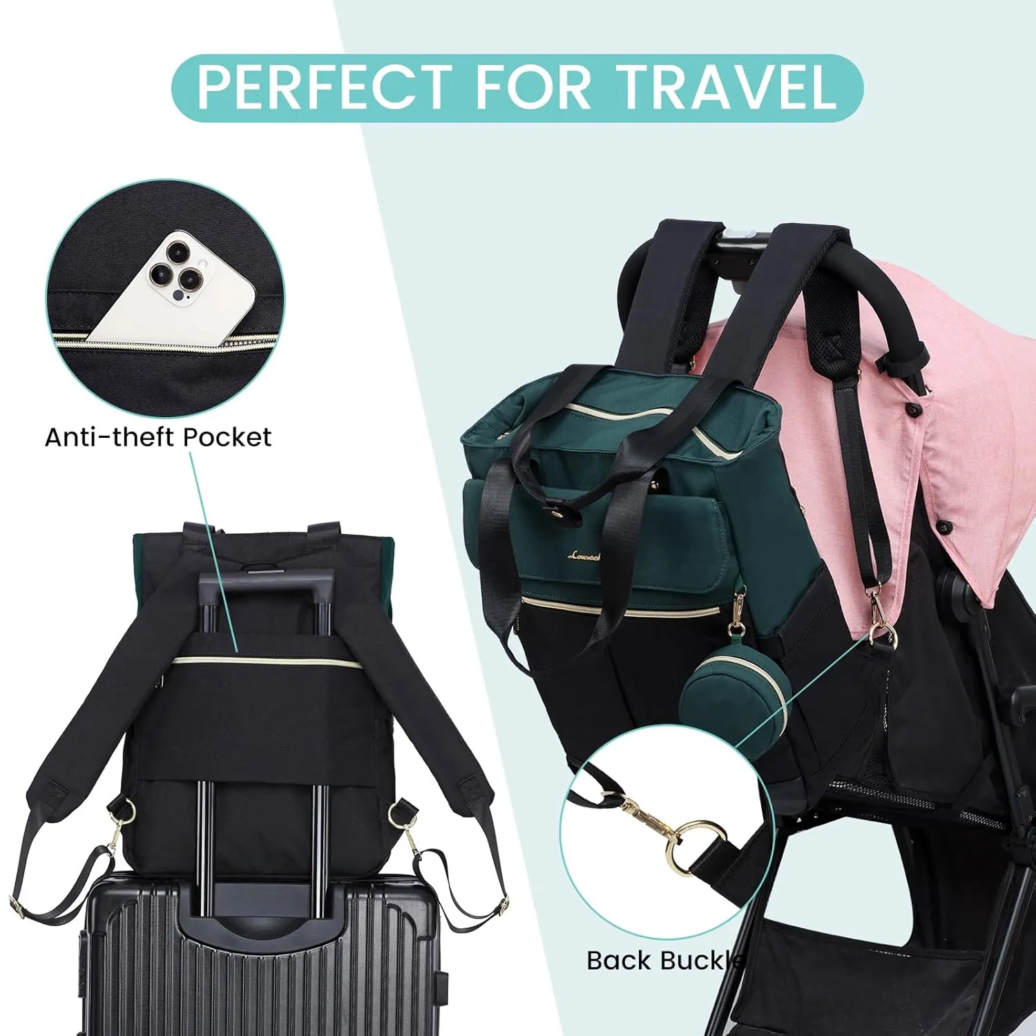 LOVEVOOK Diaper Bag Backpack with Insulated Pockets, Baby Changing Pad, Pacifier Case - Anti-Theft Travel Backpack for Women, Black-Green
