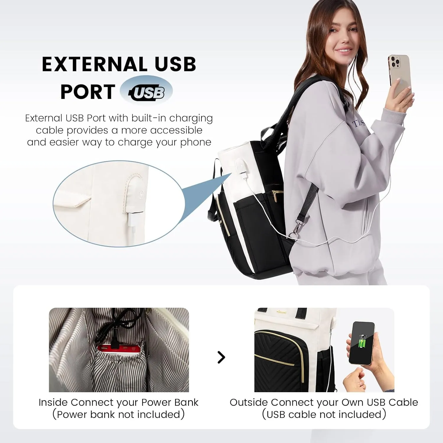 LOVEVOOK Laptop Backpack for Women, 15.6 Inch Work Business Laptop Bag, Wide Top Open Teacher Nurse Bag with USB Port, Waterproof Computer Backpack Purse for travel, 2pcs set, Black-White