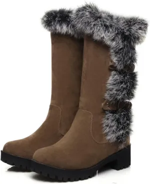 Low Heeled Knee High Snow Boots, Short Fleece Lined Straight Boots Slip On Belt Buckle Round Toe Mid Calf Boots Suede Raw Edges Windproof Fashion Boots