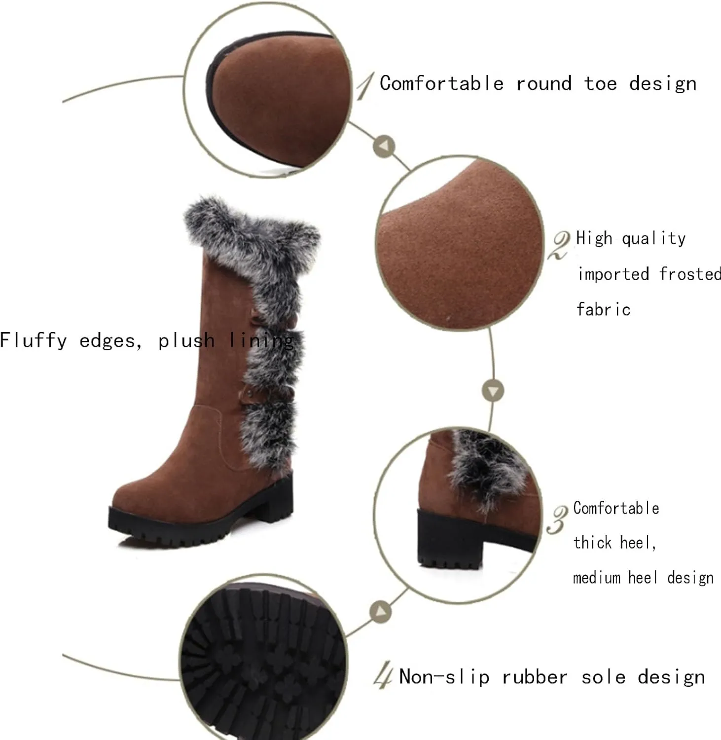 Low Heeled Knee High Snow Boots, Short Fleece Lined Straight Boots Slip On Belt Buckle Round Toe Mid Calf Boots Suede Raw Edges Windproof Fashion Boots