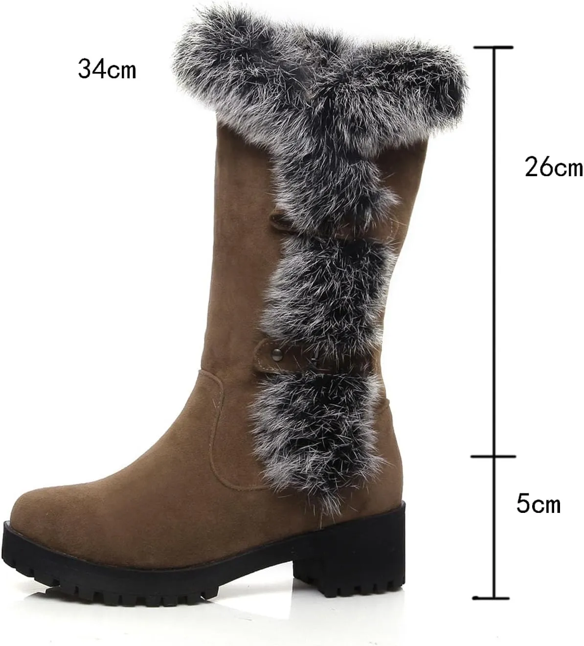 Low Heeled Knee High Snow Boots, Short Fleece Lined Straight Boots Slip On Belt Buckle Round Toe Mid Calf Boots Suede Raw Edges Windproof Fashion Boots