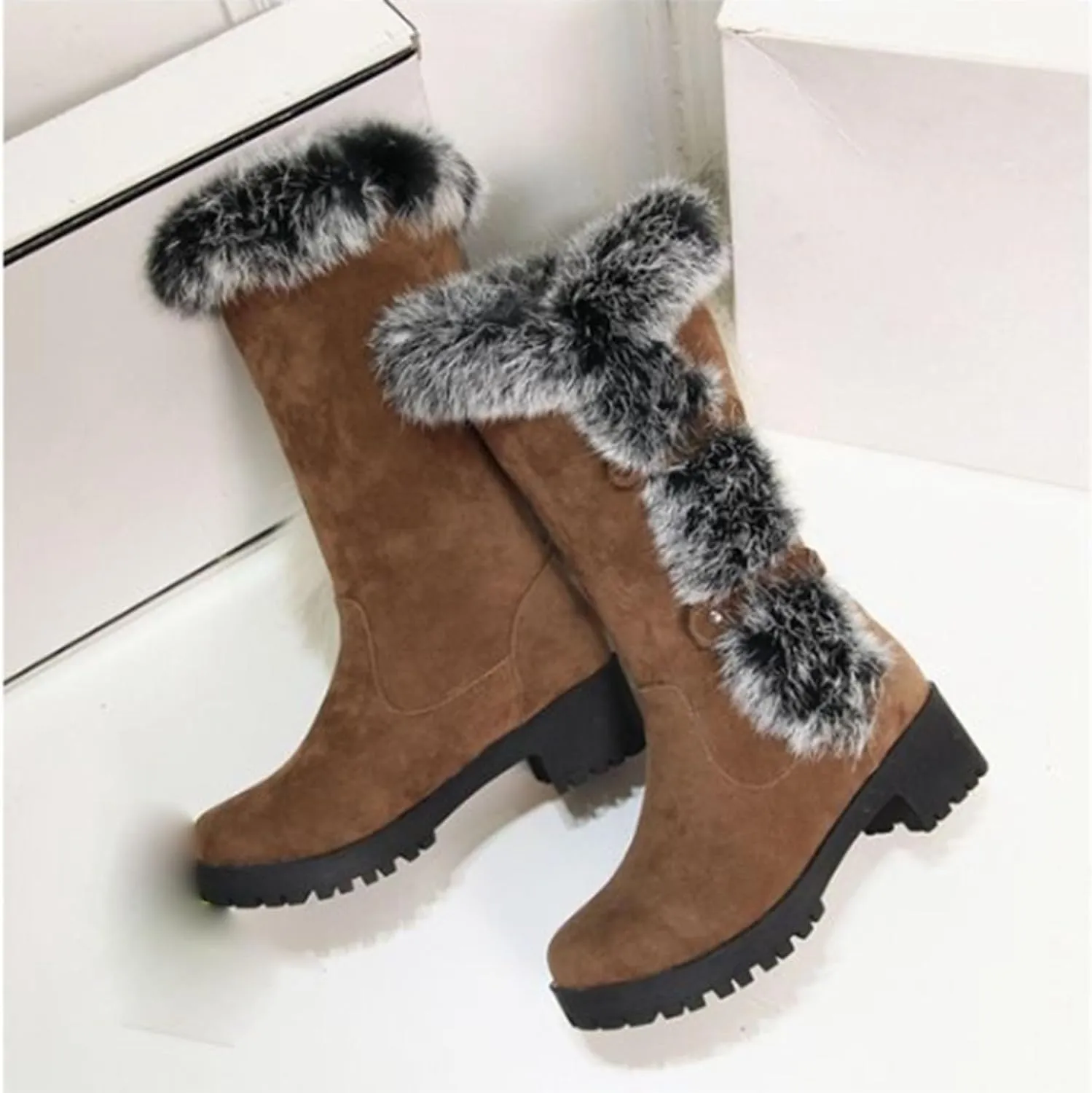 Low Heeled Knee High Snow Boots, Short Fleece Lined Straight Boots Slip On Belt Buckle Round Toe Mid Calf Boots Suede Raw Edges Windproof Fashion Boots