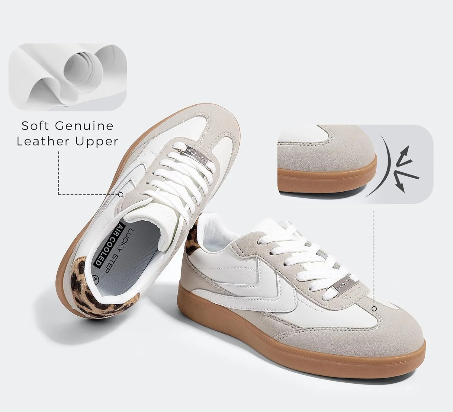 LUCKY STEP Women Retro Sneakers Fashion Classic Gum Sole Tennis Skate Shoes Casual Trendy Walking Trainer Anti Slip Flat Low-Top Footwear